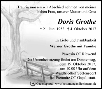 Traueranzeige von Doris Grothe von Märkische Oderzeitung