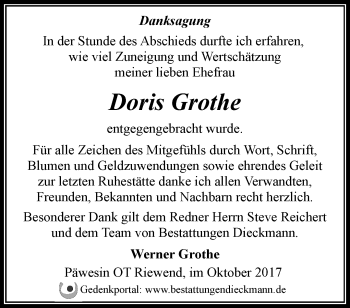 Traueranzeige von Doris Grothe von Märkische Oderzeitung