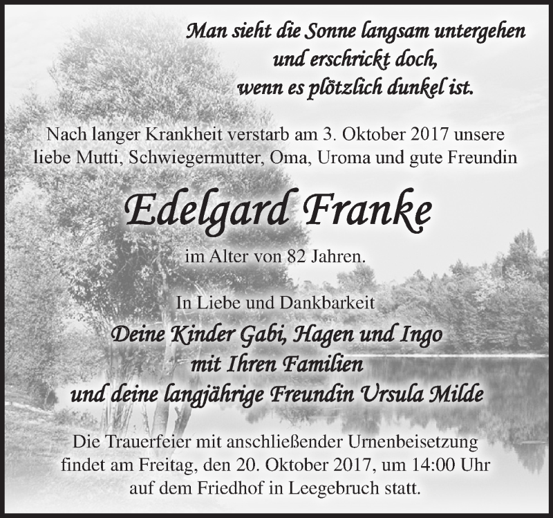  Traueranzeige für Edelgard Franke vom 14.10.2017 aus Märkische Oderzeitung