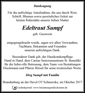 Traueranzeige von Edeltraut Sumpf von Märkische Oderzeitung