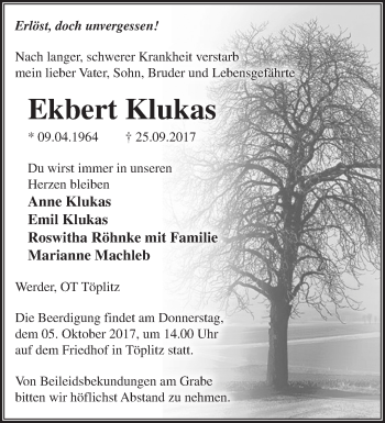 Traueranzeige von Ekbert Klukas von Märkische Oderzeitung