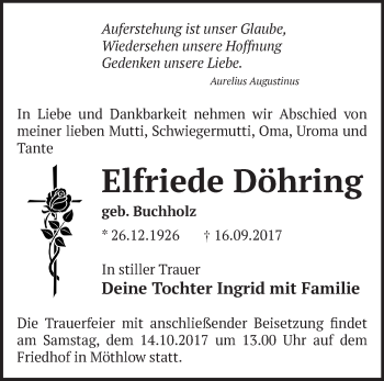 Traueranzeige von Elfriede Döhring von Märkische Oderzeitung