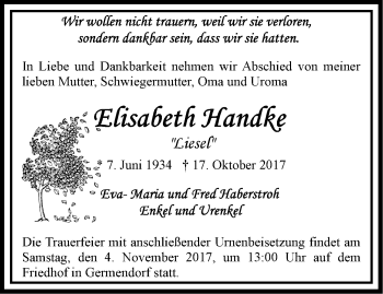 Traueranzeige von Elisabeth Handke von Märkische Oderzeitung