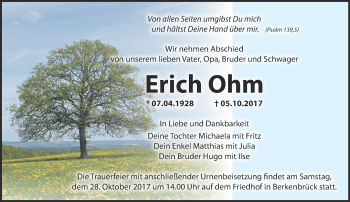 Traueranzeige von Erich Ohm von Märkische Oderzeitung