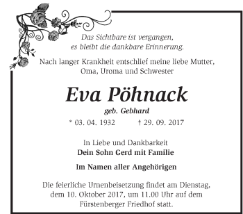 Traueranzeige von Eva Pöhnack von Märkische Oderzeitung