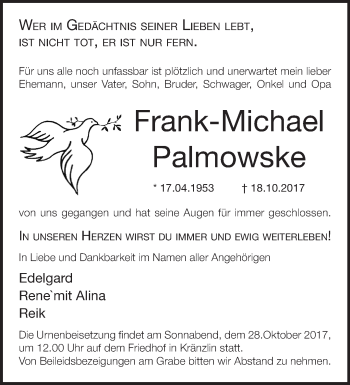 Traueranzeige von Frank-Michael Palmowske von Märkische Oderzeitung