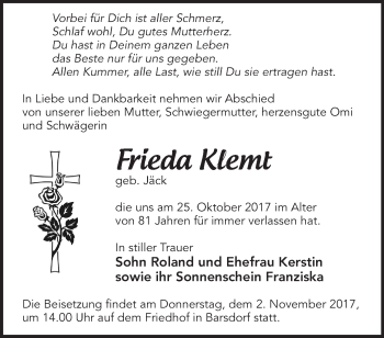 Traueranzeige von Frieda Klemt von Märkische Oderzeitung