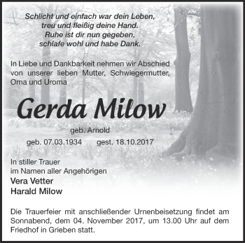 Traueranzeige von Gerda Milow von Märkische Oderzeitung