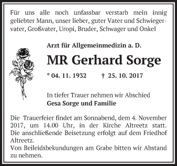 Traueranzeige von Gerhard Sorge von Märkische Oderzeitung