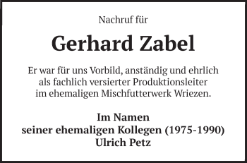 Traueranzeige von Gerhard Zabel von Märkische Oderzeitung