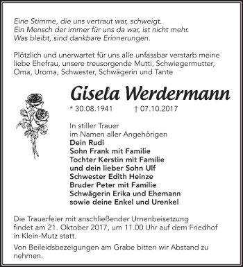 Traueranzeige von Gisela Werdermann von Märkische Oderzeitung