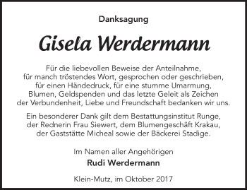 Traueranzeige von Gisela Werdermann von Märkische Oderzeitung