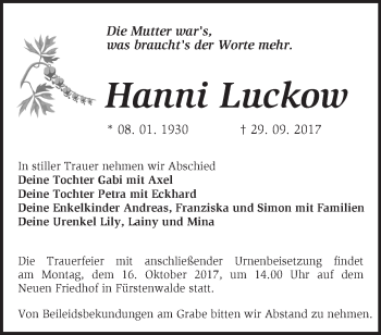 Traueranzeige von Hanni Luckow von Märkische Oderzeitung