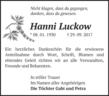 Traueranzeige von Hanni Luckow von Märkische Oderzeitung