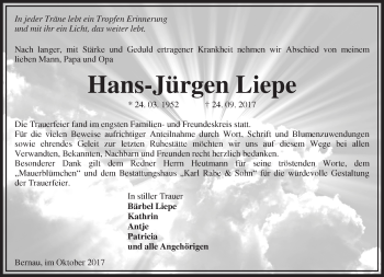 Traueranzeige von Hans-Jürgen Liepe von Märkische Oderzeitung