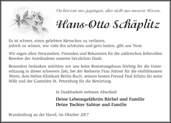 Traueranzeige von Hans-Otto Schäplitz von Märkische Oderzeitung