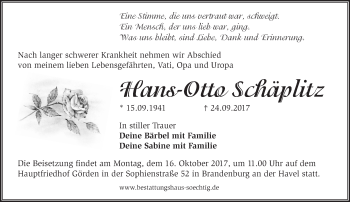 Traueranzeige von Hans-Otto Schäplitz von Märkische Oderzeitung