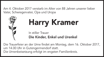 Traueranzeige von Harry Kramer von Märkische Oderzeitung