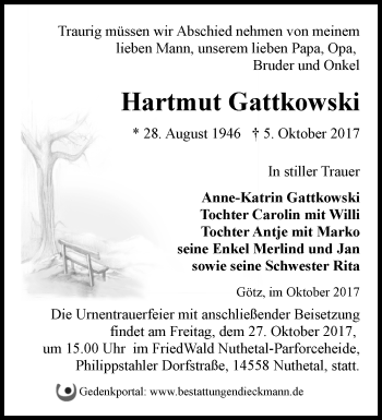 Traueranzeige von Hartmut Gattkowski von Märkische Oderzeitung