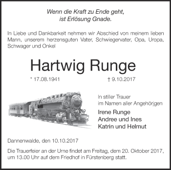 Traueranzeige von Hartwig Runge von Märkische Oderzeitung