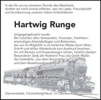 Traueranzeige von Hartwig Runge von Märkische Oderzeitung