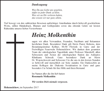 Traueranzeige von Heinz Molkenthin von Märkische Oderzeitung