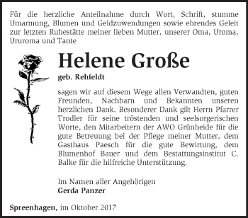 Traueranzeige von Helene Große von Märkische Oderzeitung