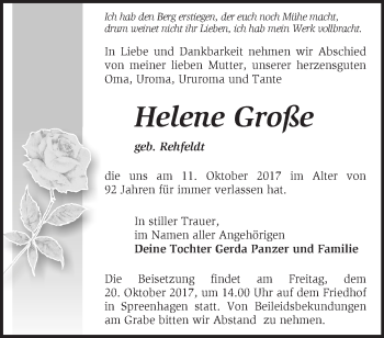 Traueranzeige von Helene Große von Märkische Oderzeitung