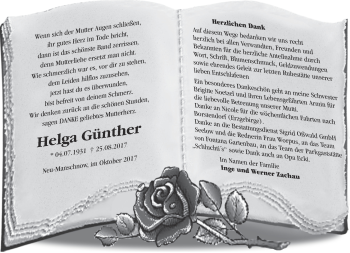 Traueranzeige von Helga Günther von Märkische Oderzeitung