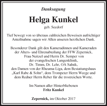 Traueranzeige von Helga Kunkel von Märkische Oderzeitung