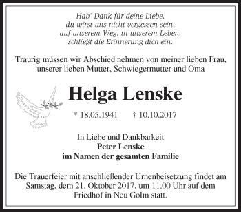 Traueranzeige von Helga Lenske von Märkische Oderzeitung