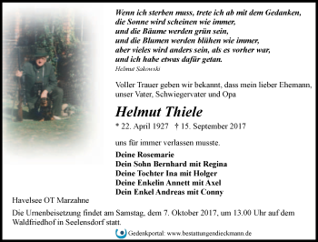 Traueranzeige von Helmut Thiele von Märkische Oderzeitung