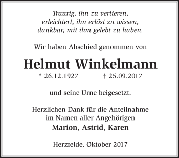 Traueranzeige von Helmut Winkelmann von Märkische Oderzeitung