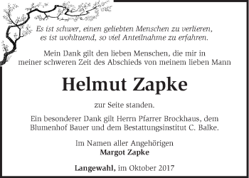 Traueranzeige von Helmut Zapke von Märkische Oderzeitung