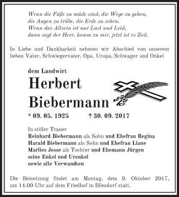 Traueranzeige von Herbert Biebermann von Märkische Oderzeitung