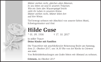 Traueranzeige von Hilde Guse von Märkische Oderzeitung