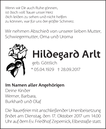 Traueranzeige von Hildegard Arlt von Märkische Oderzeitung