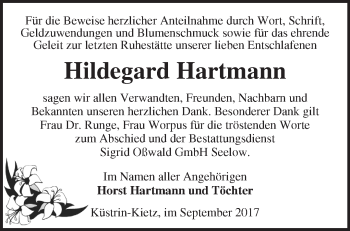 Traueranzeige von Hildegard Hartmann von Märkische Oderzeitung