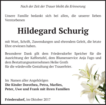 Traueranzeige von Hildegard Schurig von Märkische Oderzeitung