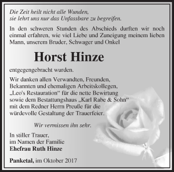 Traueranzeige von Horst Hinze von Märkische Oderzeitung