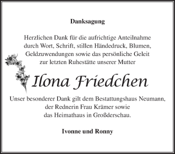 Traueranzeige von Ilona Friedchen von Märkische Oderzeitung