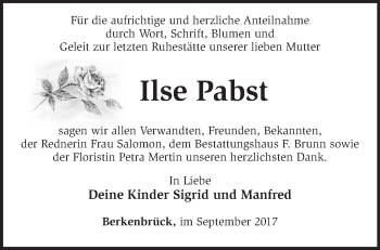 Traueranzeige von Ilse Pabst von Märkische Oderzeitung