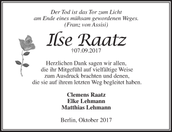 Traueranzeige von Ilse Raatz von Märkische Oderzeitung