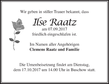 Traueranzeige von Ilse Raatz von Märkische Oderzeitung