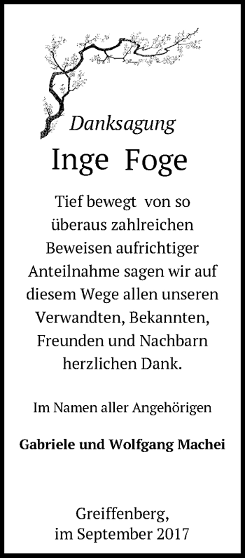 Traueranzeige von Inge Foge von Märkische Oderzeitung