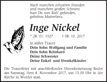 Traueranzeige von Inge Nickel von Märkische Oderzeitung