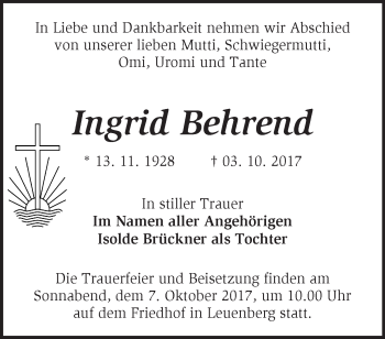 Traueranzeige von Ingrid Behrend von Märkische Oderzeitung