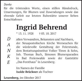 Traueranzeige von Ingrid Behrend von Märkische Oderzeitung