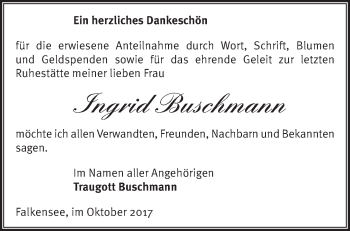 Traueranzeige von Ingrid Buschmann von Märkische Oderzeitung