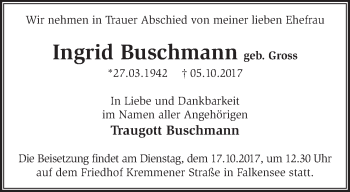 Traueranzeige von Ingrid Buschmann von Märkische Oderzeitung